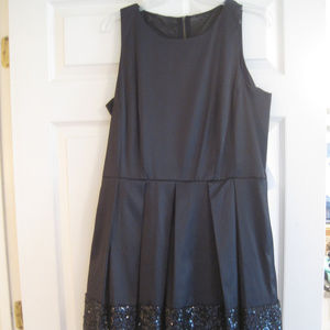 TAYLOR BLACK SATIN AND SEQUIN FIT AND FLARE DRESS